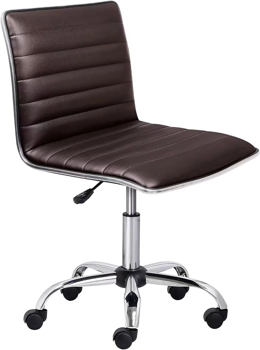 VITESSE Home Office Chair, Adjustable Task Chair, Armless Black Rolling Chair Low White Ribbed Modern Leather Swivel Desk Chair with Wheels,250Lbs Capacity for Make Up, Vanity Room