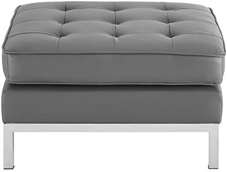 Tufted Upholstered Leather Ottoman in Silver and Gray