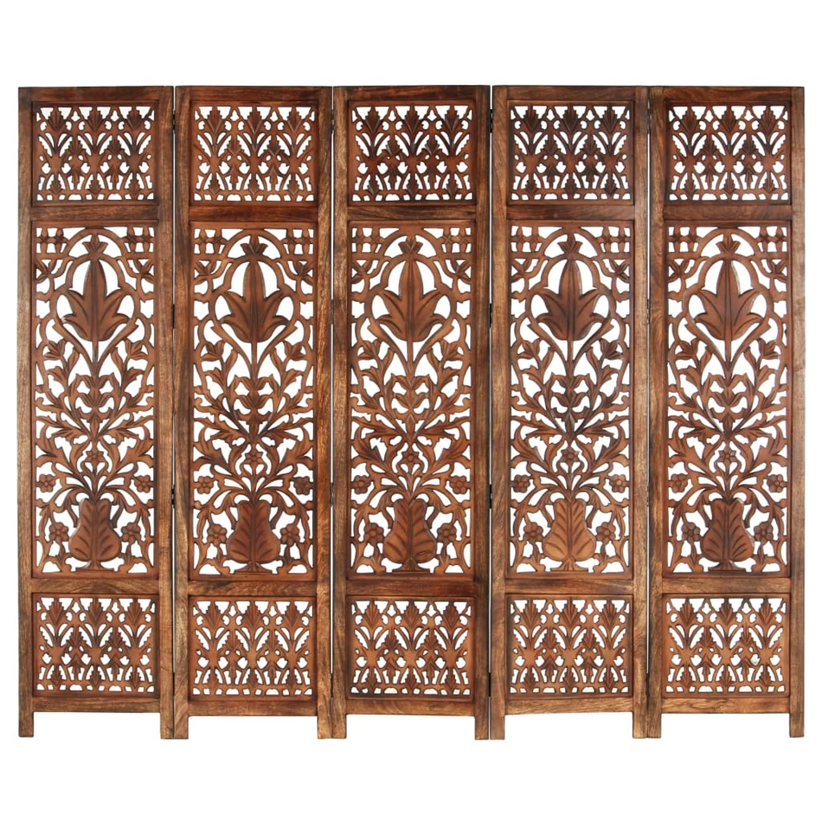 Uteam Room Divider 5-Panel Hand Carved Solid Mango Wood Brown 78.7x65