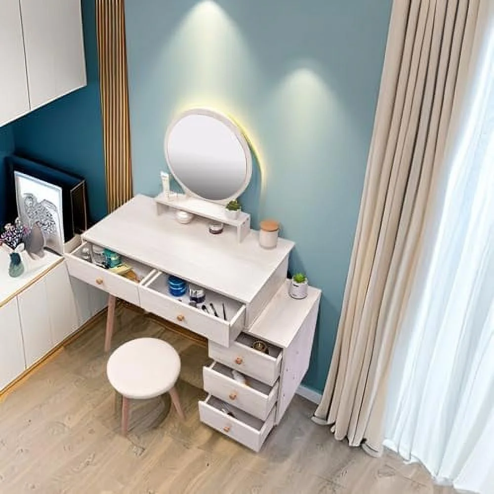 JYHOME Vanity Desk with Mirror and Lights  Vanity Table with Cushioned Stool  Large Capacity  Cabinet  5 Drawers  Large Round Mirror  Fasionable    Length Adjustable