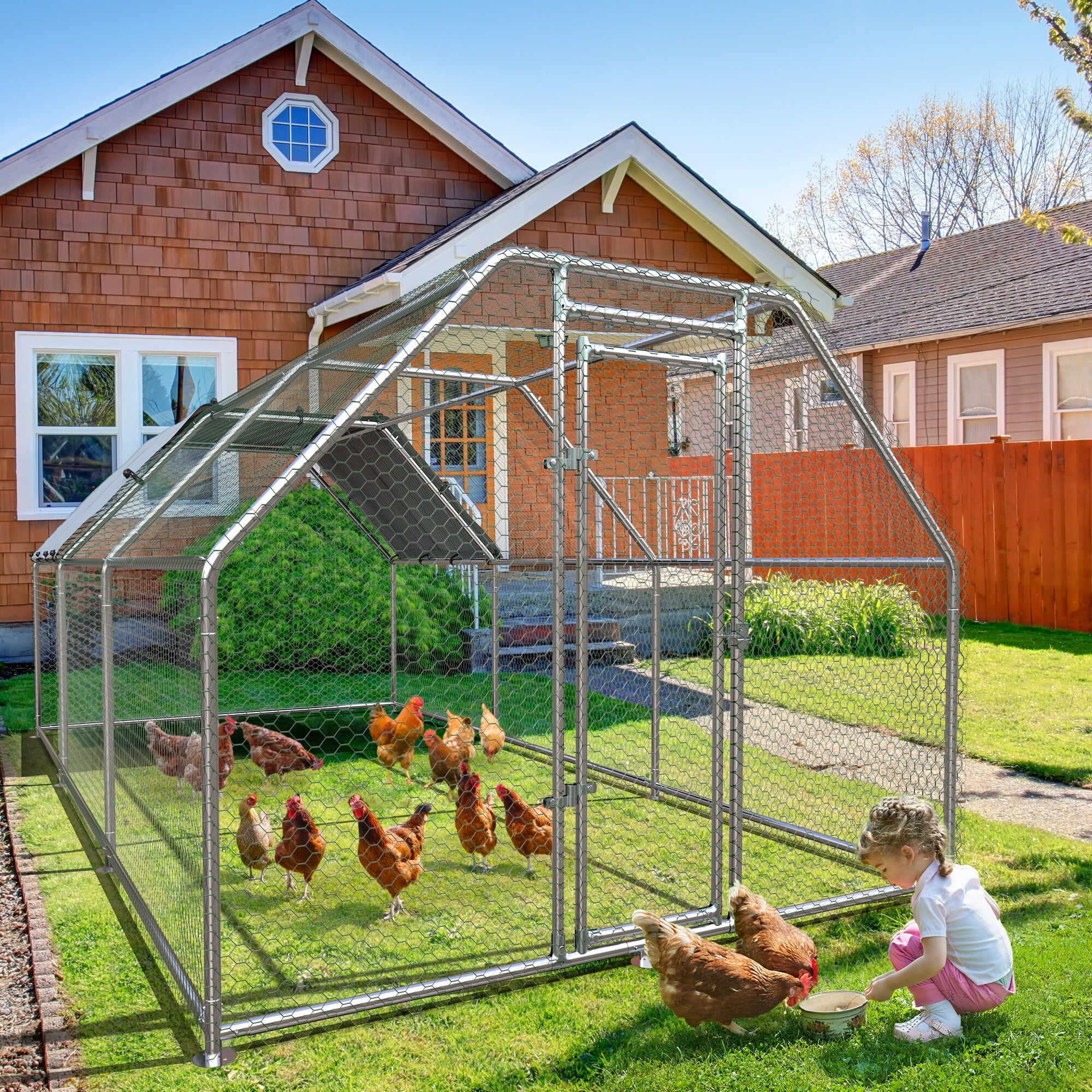 Large Metal Chicken Coop Walk-in Poultry Cage Hen Run with Waterproof and Anti-Ultraviolet Cover