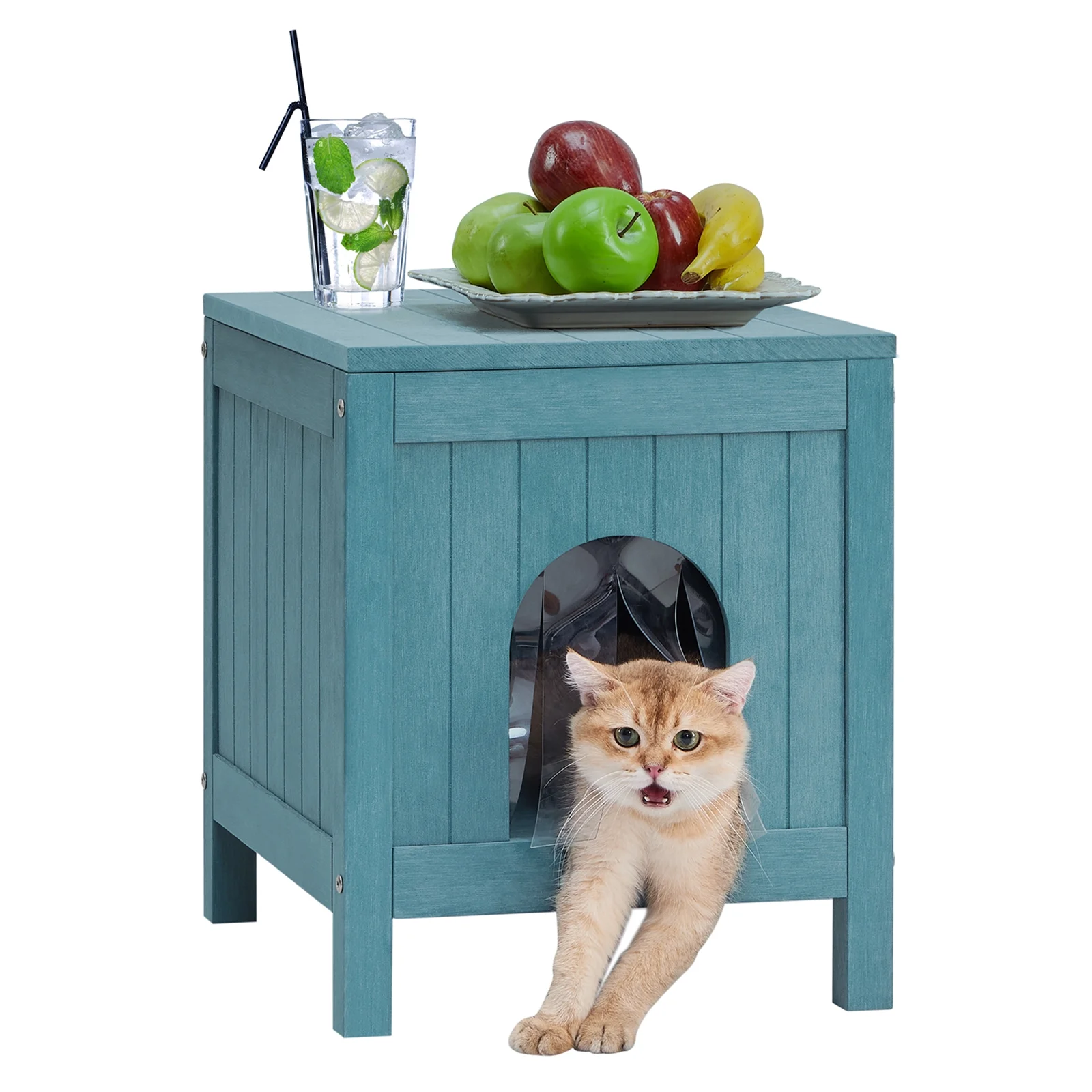 Efurden Outdoor Side Table with Cat House, Poly Lumber Outdoor End Table with Openable Roof for Patio and Porch, Weatherproof (Lake Blue)