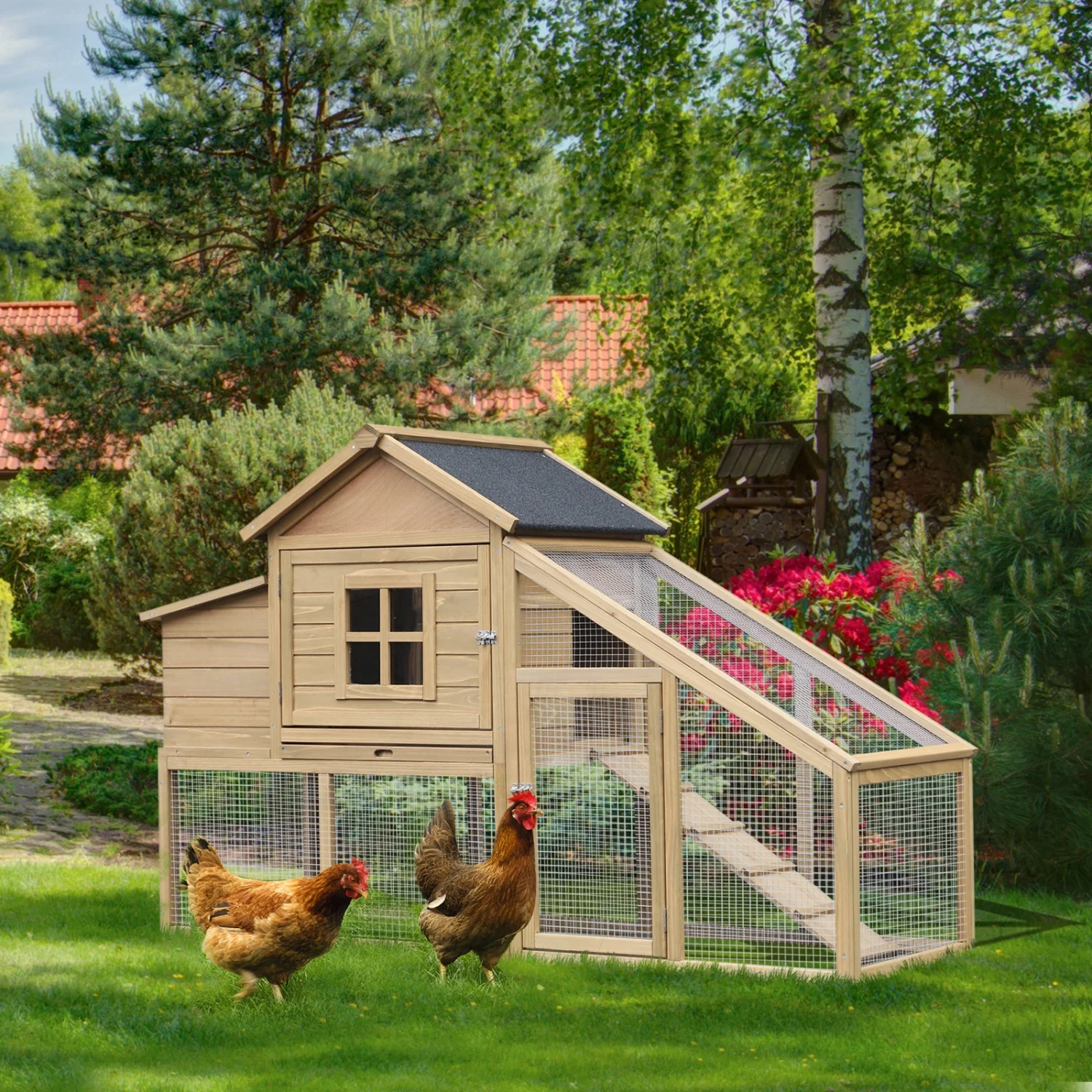 DremFaryoyo PawHut 69” Wooden  Coop  Poultry Cage Hen House with Connecting Ramp  Removable Tray  Ventilated Window and Nesting Box  Natural