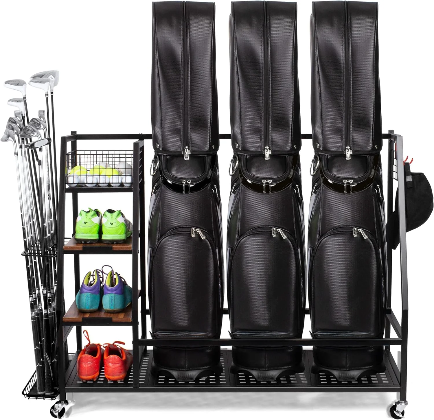 HYUN Golf Bags Storage Garage Organizer, Golf Bag Rack Fits 2/3 Golf Bags and Golf Equipment Accessories, Golf Club Storage Stand with Wooden Shelf and Lockable Wheels for Garage Indoor Basement
