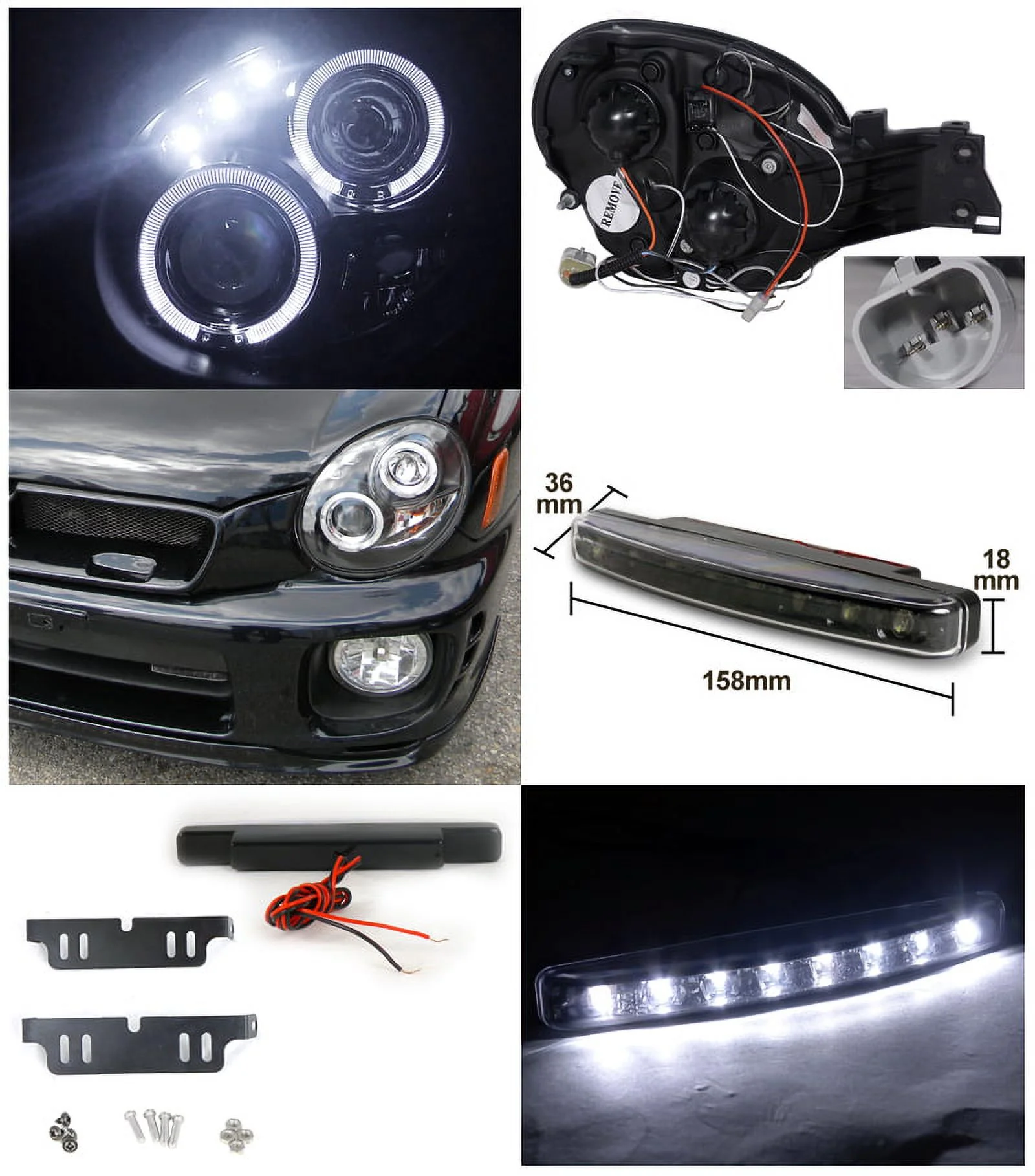 Spec-D Tuning Dual Halo Black Projector Headlights + 8-LED Fog Lights Compatible with Impreza Left + Right Pair Headlamps Assembly