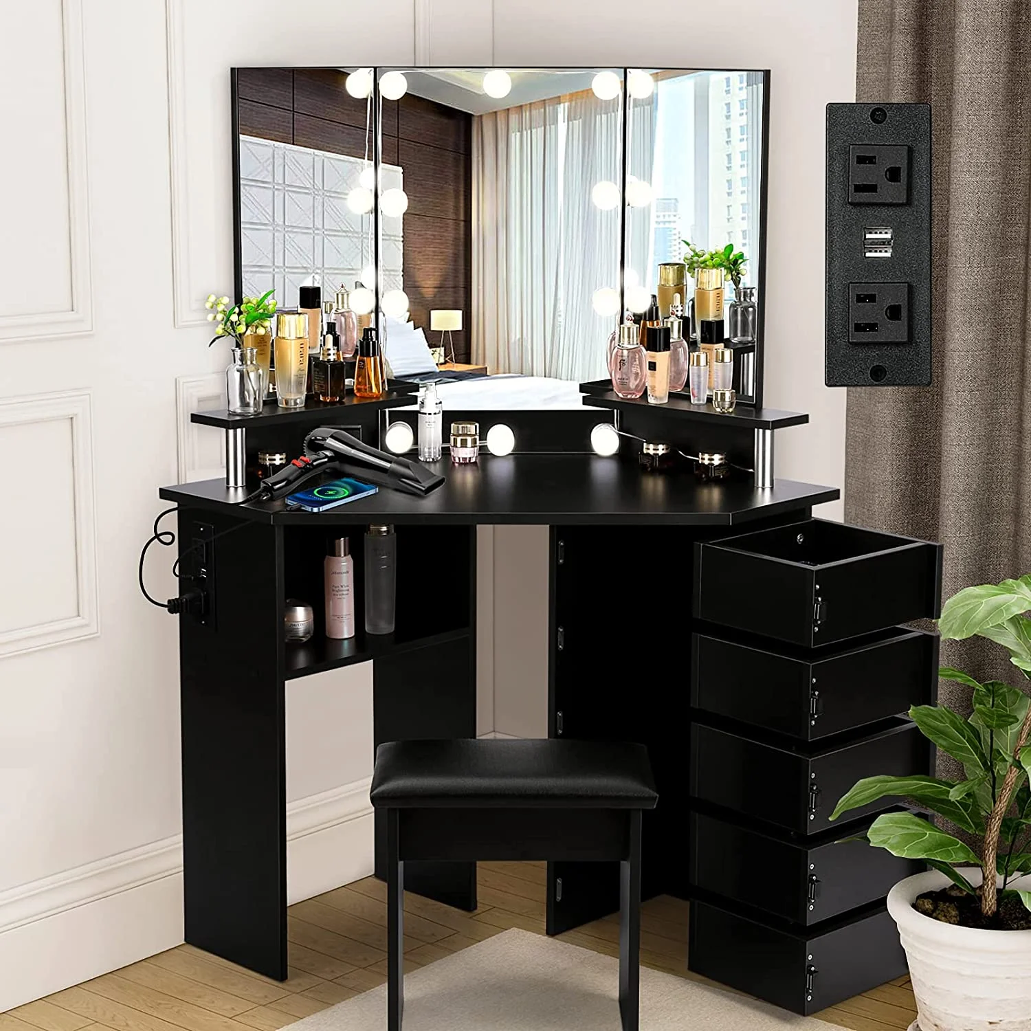 Vanity with Lights - Makeup Vanity Desk with Power Outlet, 3 Color Lighting Options Brightness Adjustable, Vanity Table with 5 Rotating Drawers, Shelves and Stool, Corner Vanity for Women Girls