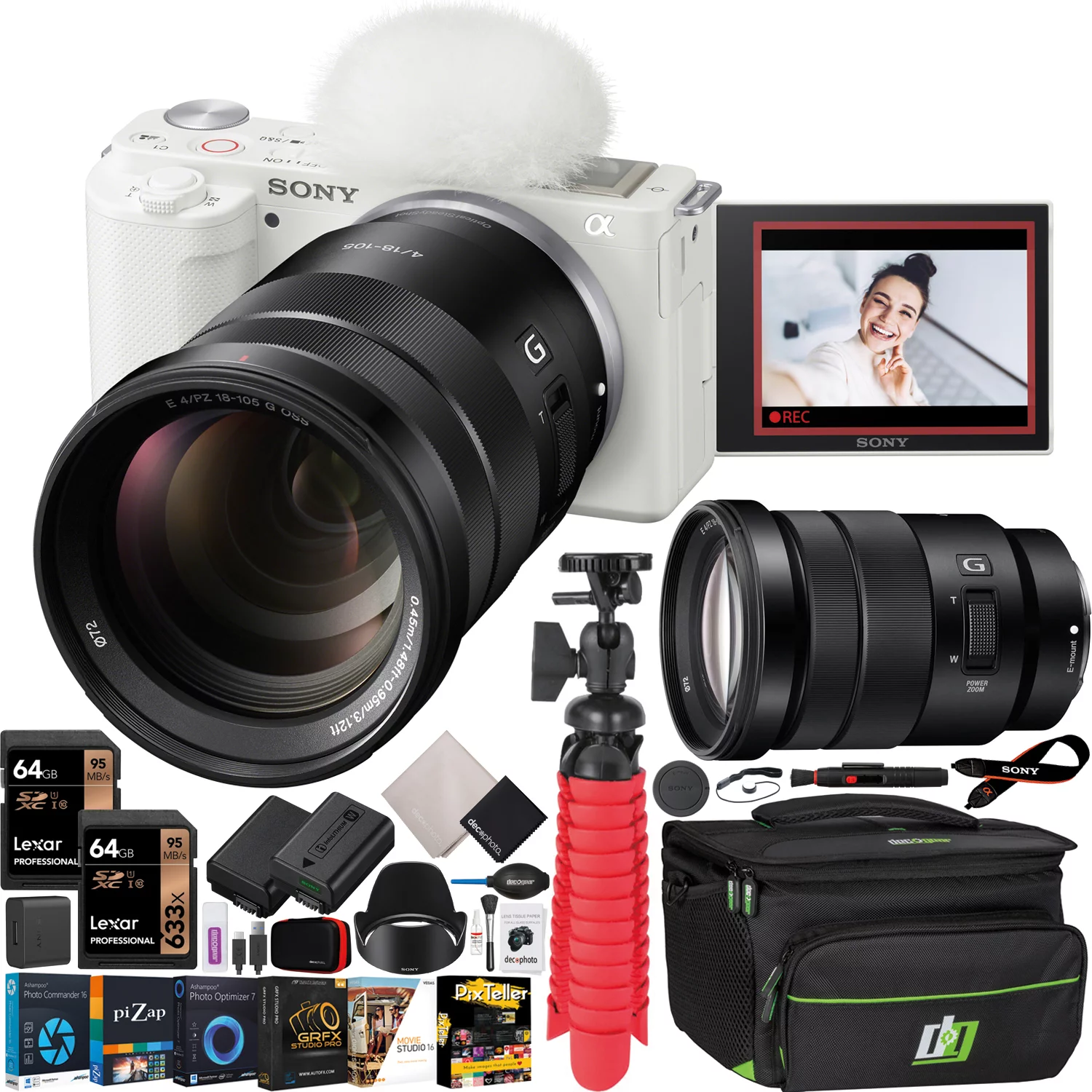 Sony ZV-E10 Mirrorless Alpha APS-C Vlog Camera Body and 18-105mm F4 E PZ G OSS Power Zoom G Lens SELP18105G ILCZV-E10/W White Bundle with Deco Gear Case, Extra Battery, Photo Video Accessories Kit
