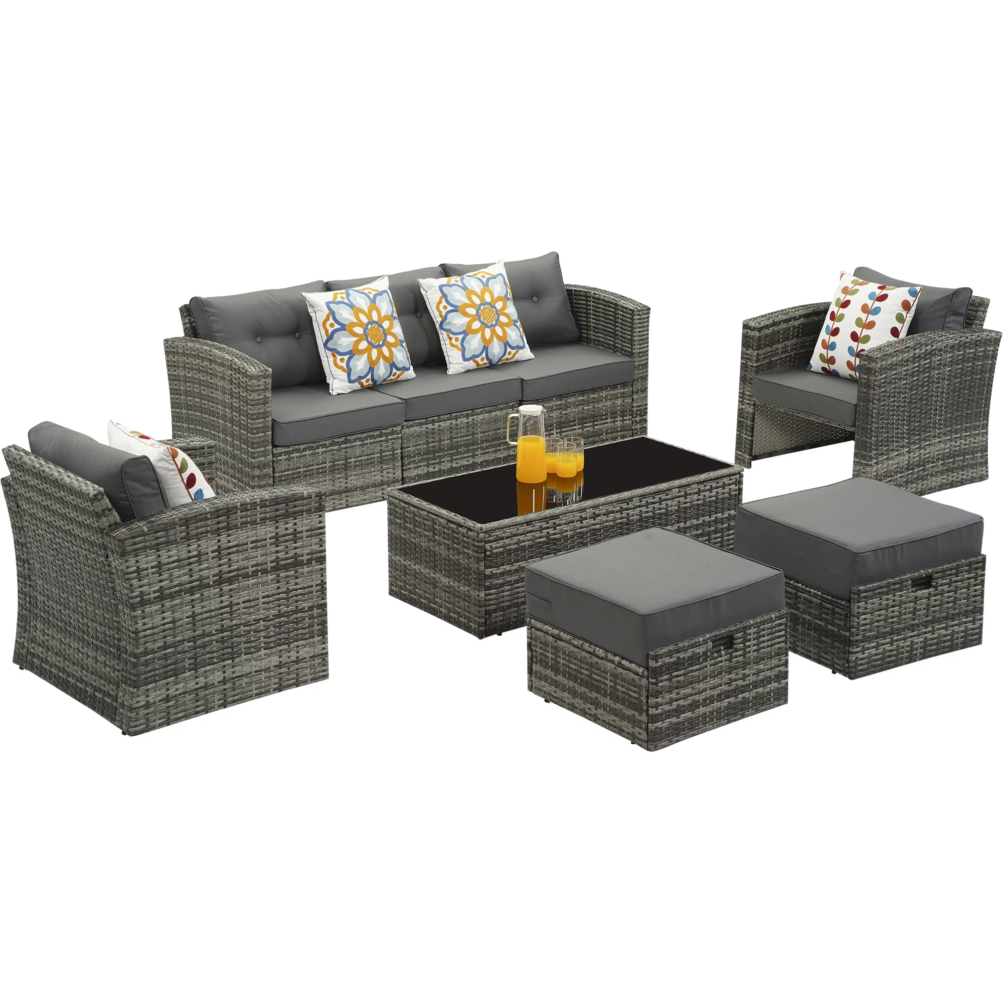 Cozyhom 8 Pieces Gray Wicker Rattan Patio Aluminum Sofa Furniture Set with Dark Gray Cushions