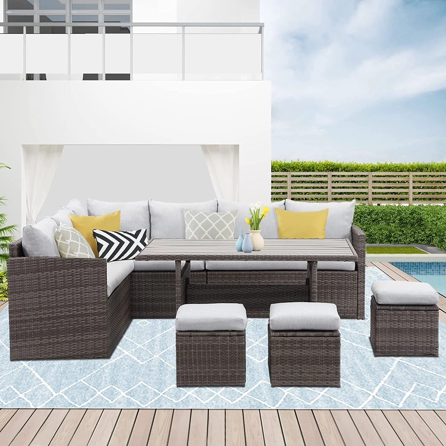 MOOOTTO 7-Pieces PE Rattan Wicker Patio Dining Sectional Cusions Sofa Set