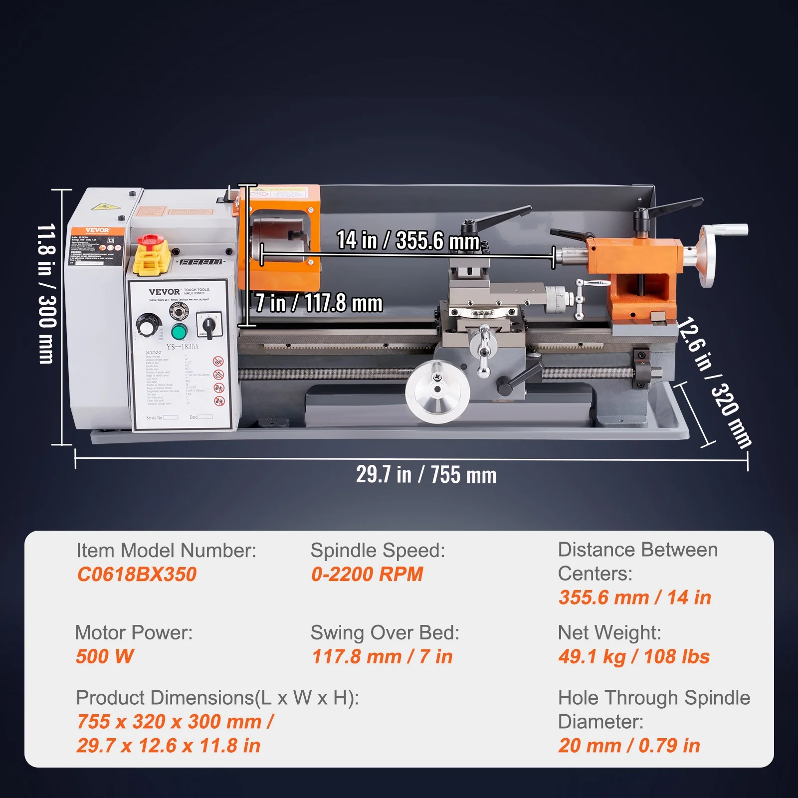 BENTISM Metal Lathe Power 7'' x 13.78'' 500W 0-2200 RPM Continuously Variable