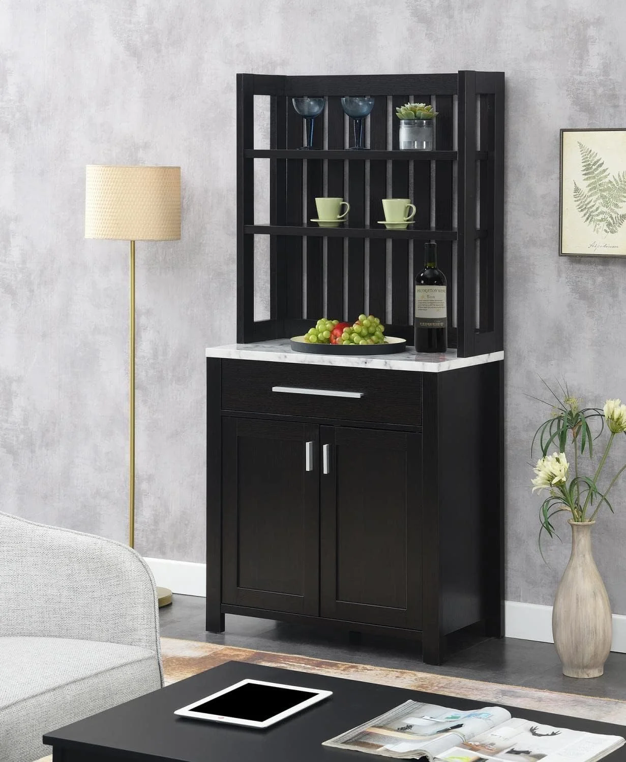 Sawyer 1 Drawer Wine Bar With Storage Cabinet And Shelves, White Faux Marble/Espresso