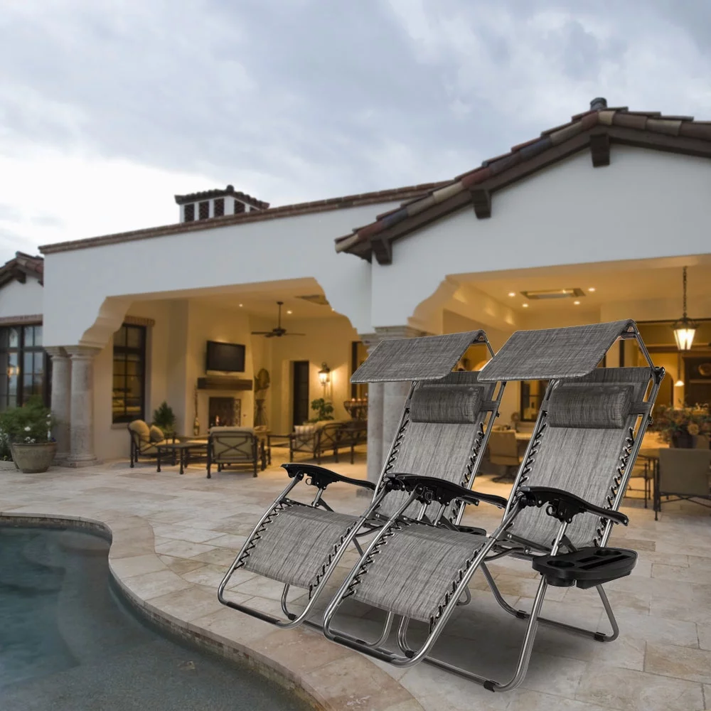 Infinity Zero Gravity Chair with Awning  Outdoor Lounge Patio Chairs with Pillow and Utility Tray Adjustable Folding Recliner for Deck,Patio,Beach,Yard,Grey