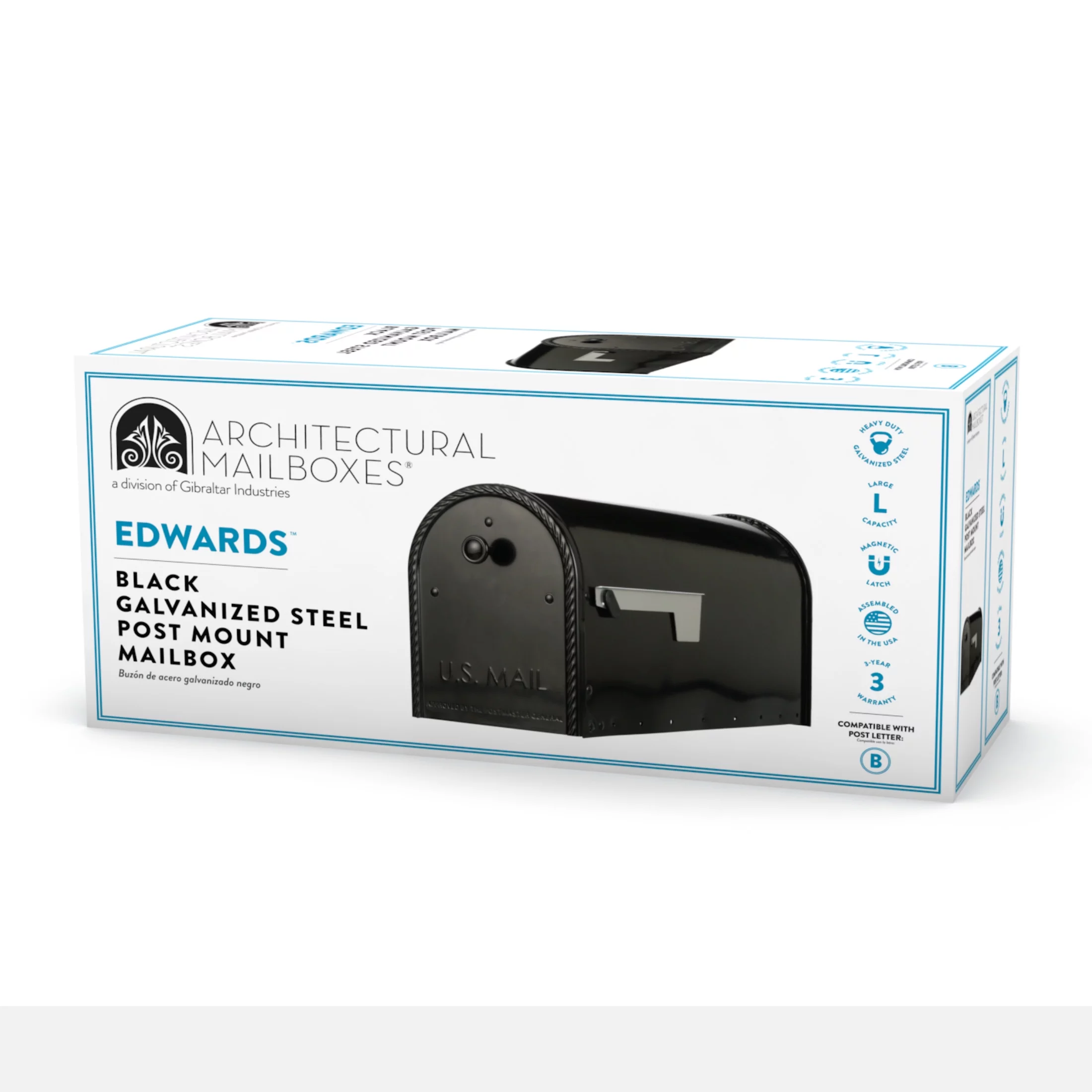 Architectural Mailboxes Edwards Large, Steel, Post Mount Mailbox, Black, Model #EM160BAM