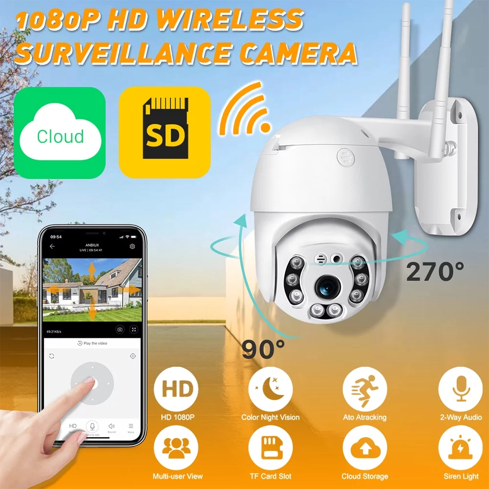 DFITO 1080P Security Cameras Outdoor, Waterproof WiFi Surveillance Camera, Color Night Vision 270° Pan-Tilt View, Spotlight Camera, SD Card/ Cloud Storage