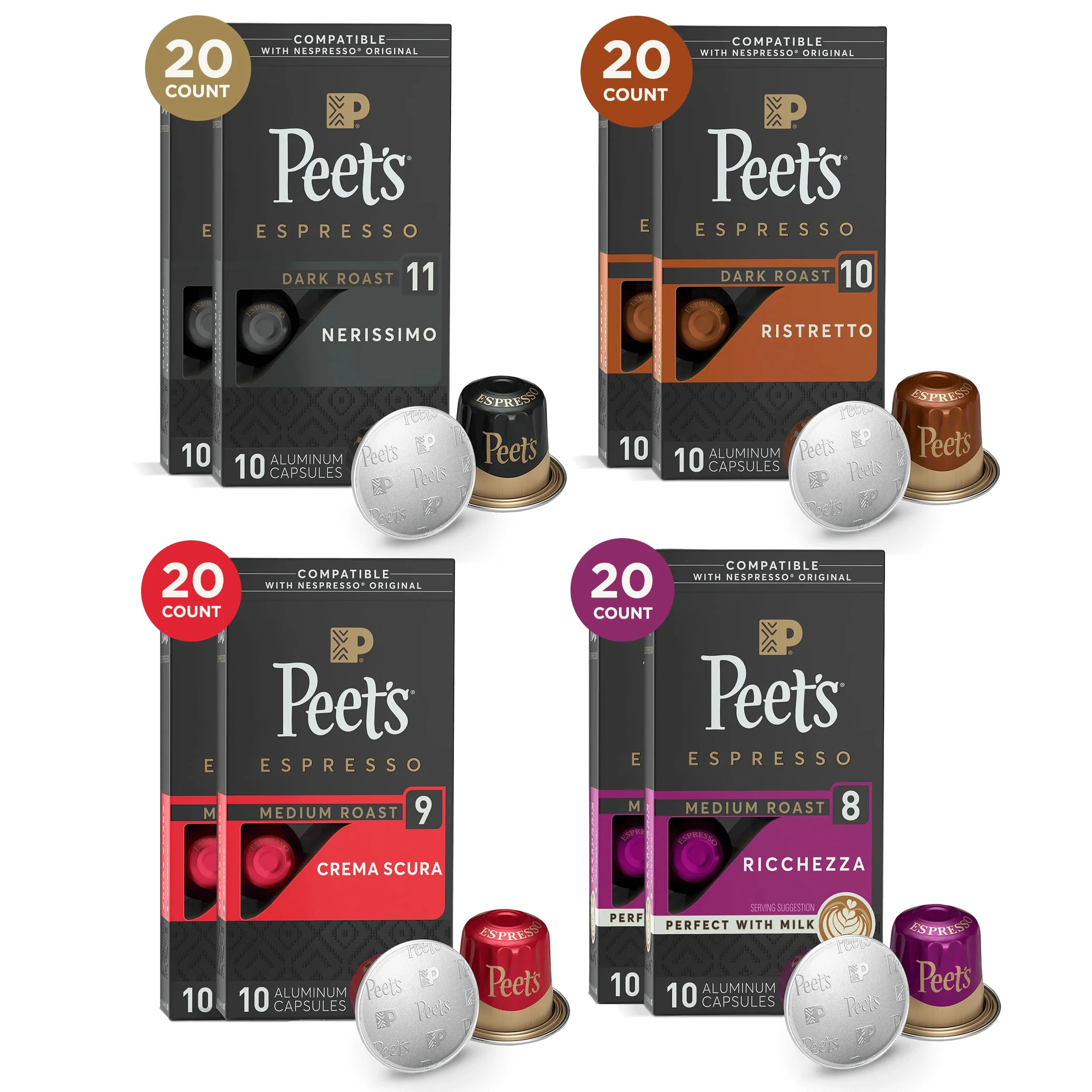 Bundle Of Peet,S Coffee Espresso Coffee Pods, Dark Roast Variety Pack Intensity 10-11, 40 Count (4 Boxes Of 10 Pods) + Medium Roast Variety Pack Intensity 8-9, 40 Count (4 Boxes Of 10 Capsules)