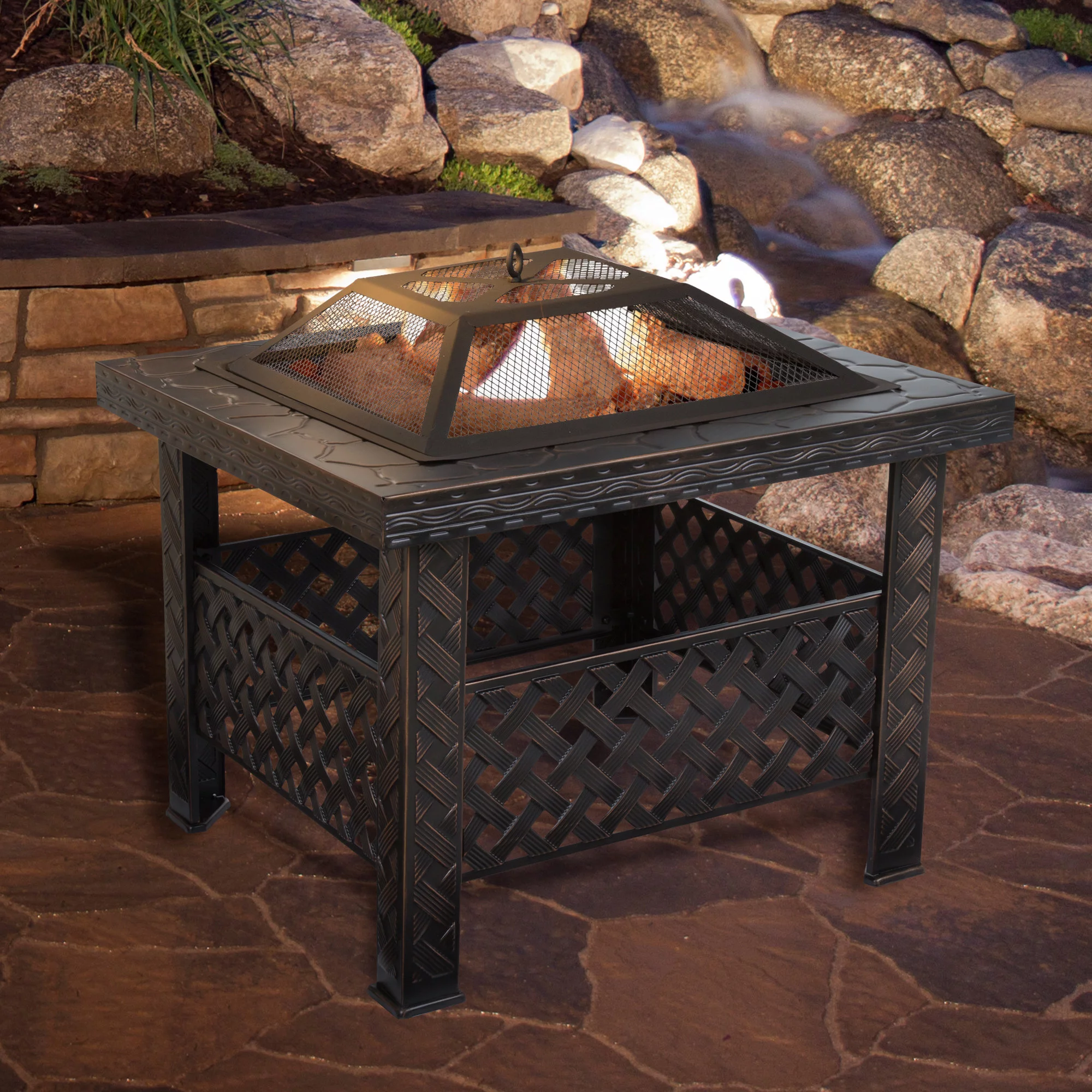Pure Garden Wood Burning 26-Inch Woven Metal Square Fire Pit in Black