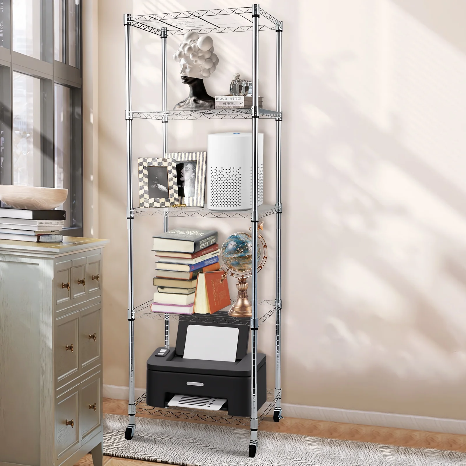 SYTHERS 5 Tier Heavy Duty Wire Shelving Unit with Wheels, 24 x 18 x 70