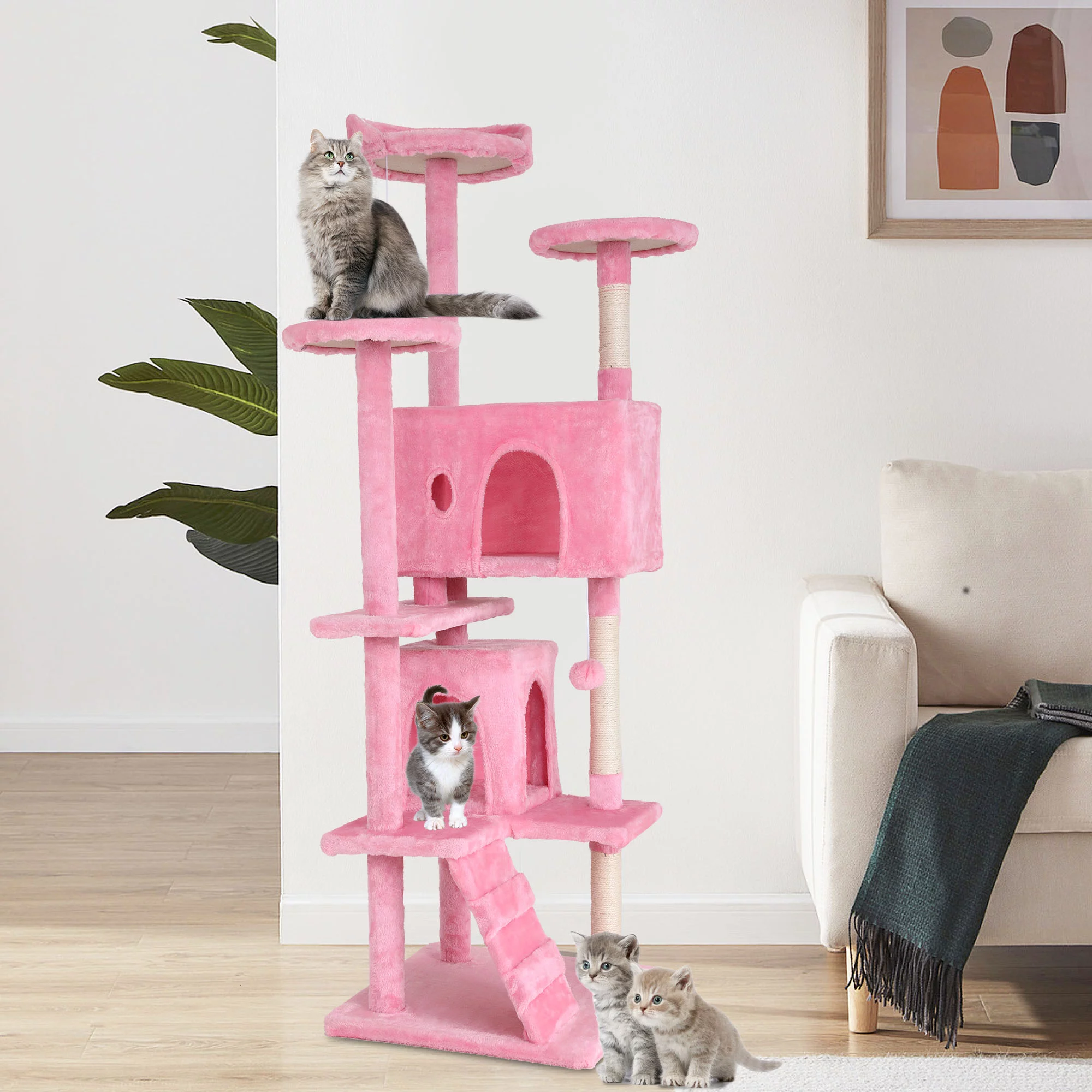 CL.HPAHKL70 Inch Cat Tree, Indoor Cat Tree Tower Multi-Level Cat House with Cat Scratching Post Bracket House Cat Condo with Fun Toys for All Cats, Pink
