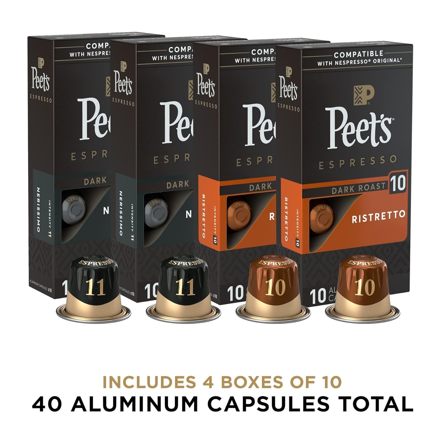 Bundle Of Peet,S Coffee Espresso Coffee Pods, Dark Roast Variety Pack Intensity 10-11, 40 Count (4 Boxes Of 10 Pods) + Medium Roast Variety Pack Intensity 8-9, 40 Count (4 Boxes Of 10 Capsules)
