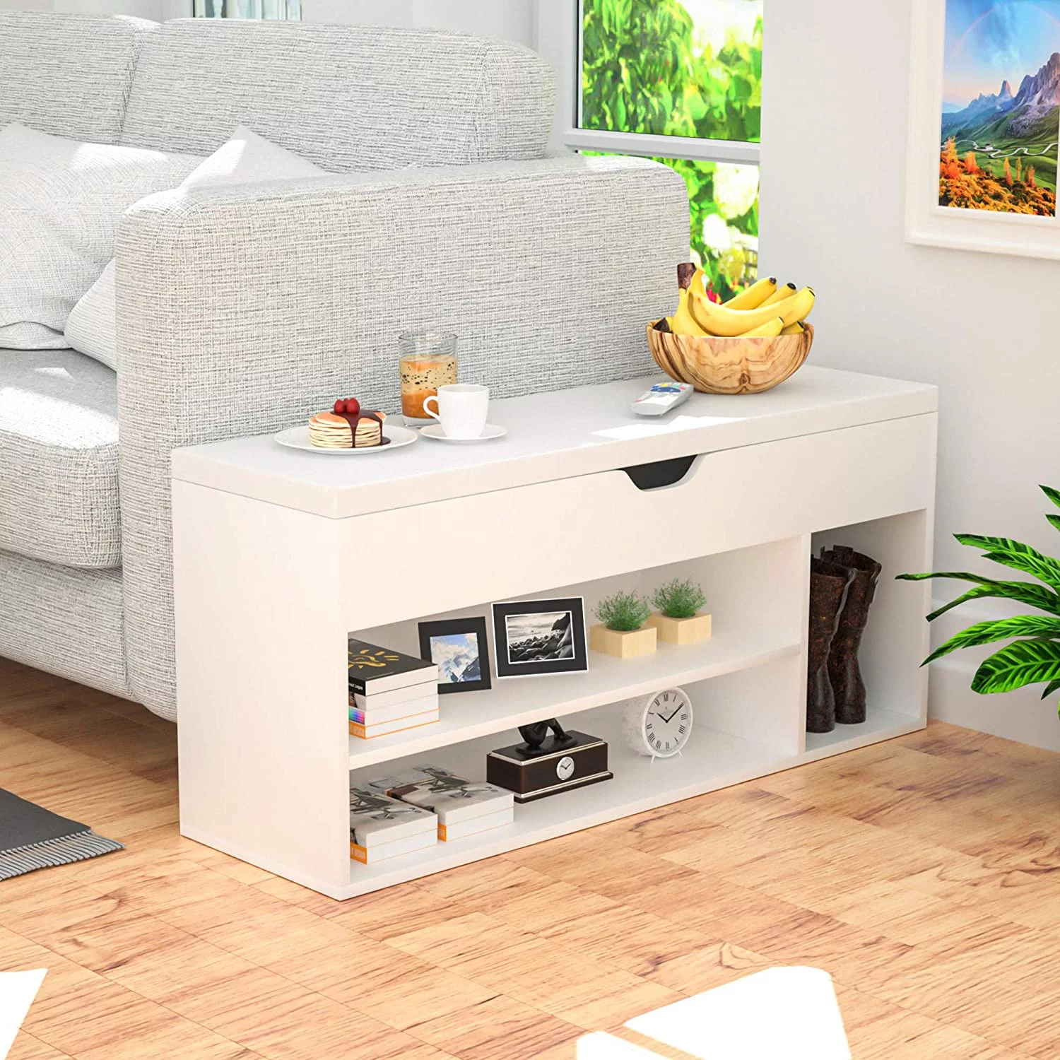 Entryway Shoe Bench, 2-Tier Storage Bench for Living Room Bedroom, White