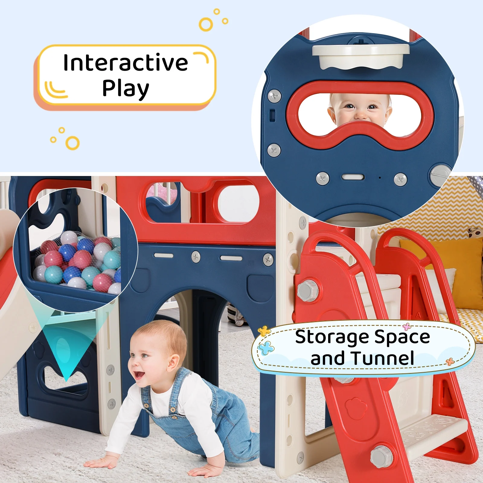 Pirecart 8 in 1 Kids Slide Set, Toddler Climber Slide Play Set With Basketabll Hoop, Tunnel, Telescope and Ball