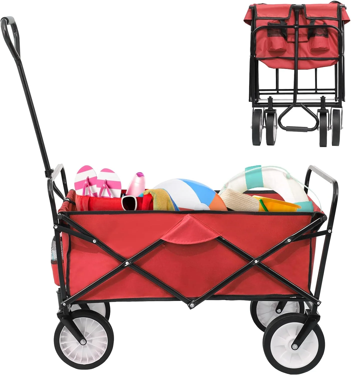 Collapsible Folding Wagon Cart, Outdoor Park Utility Garden Wagon with 2 Cup Holders, Heavy Duty Portable Picnic Camping Cart for Shopping, Sport, Beach, Camping, Grocery, 150 LBS (Red)