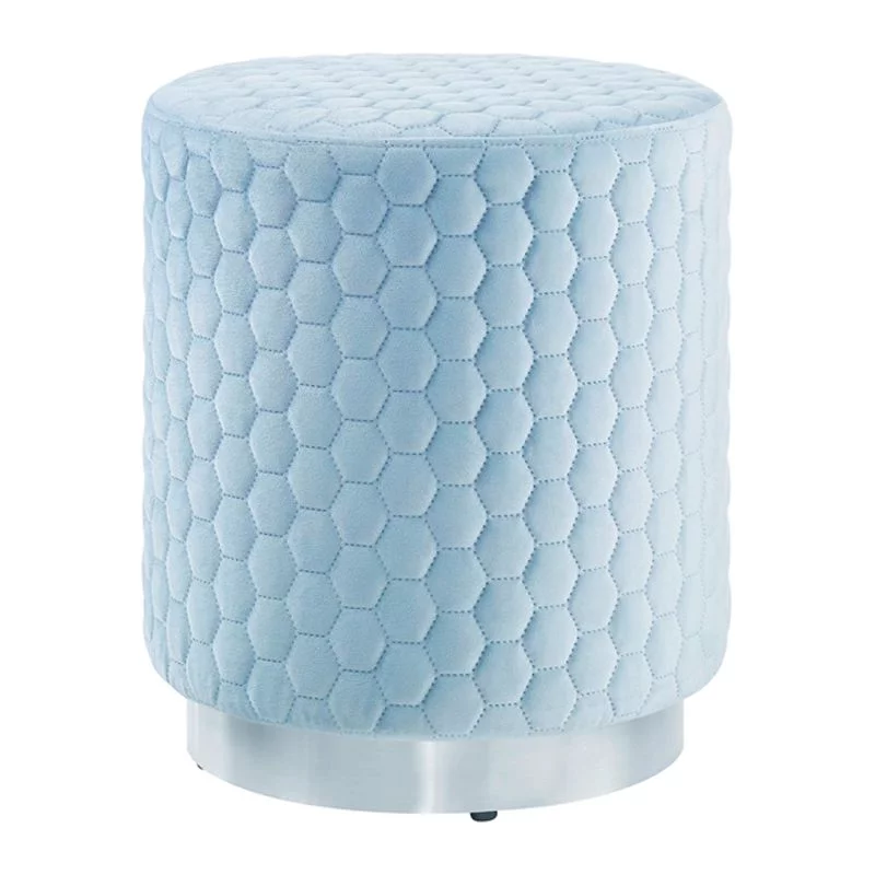 Linon Aiden Round Quilted Fabric Stool with Silver Metal Base in Blue
