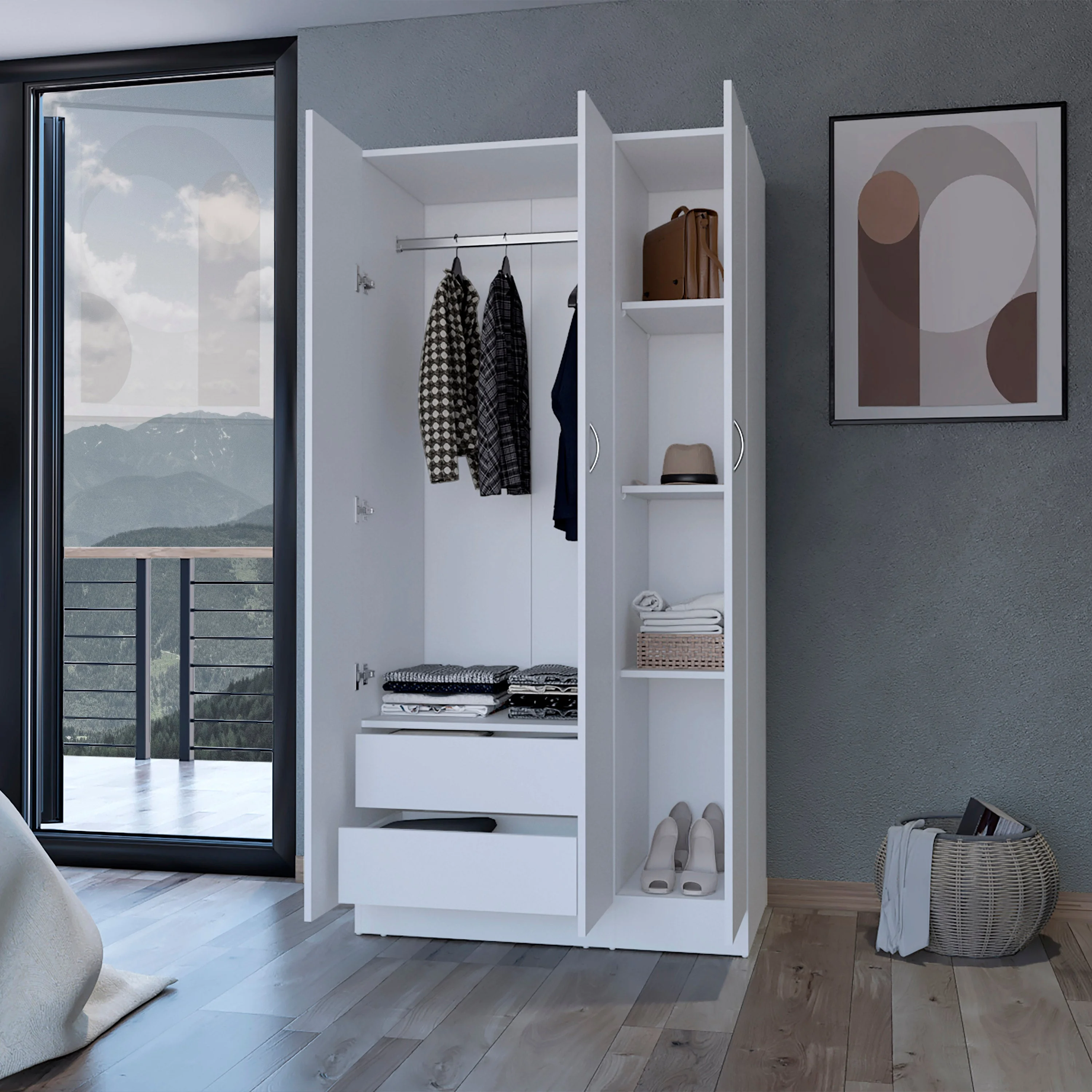 Homiyad 3-Door Wardrobe with Hanging Rod White