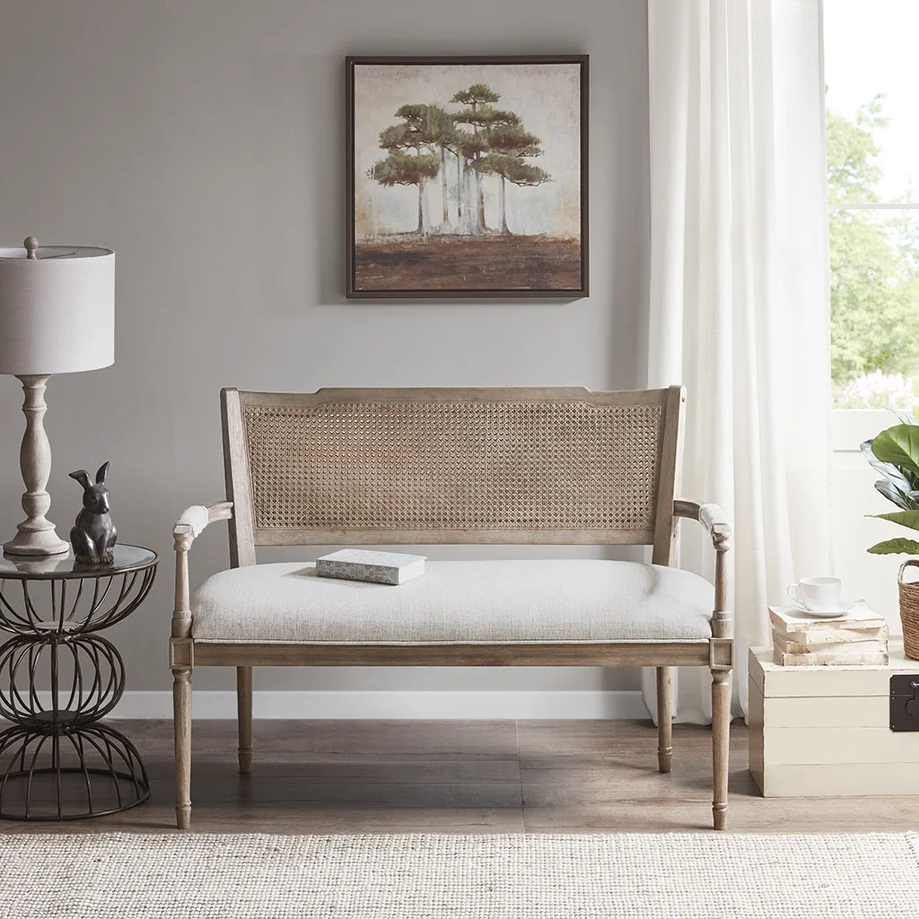 Homiyad Rustic Settee Features Pillow Topped Arms and An Attached Cushion Upholstered in A Beige Fabric