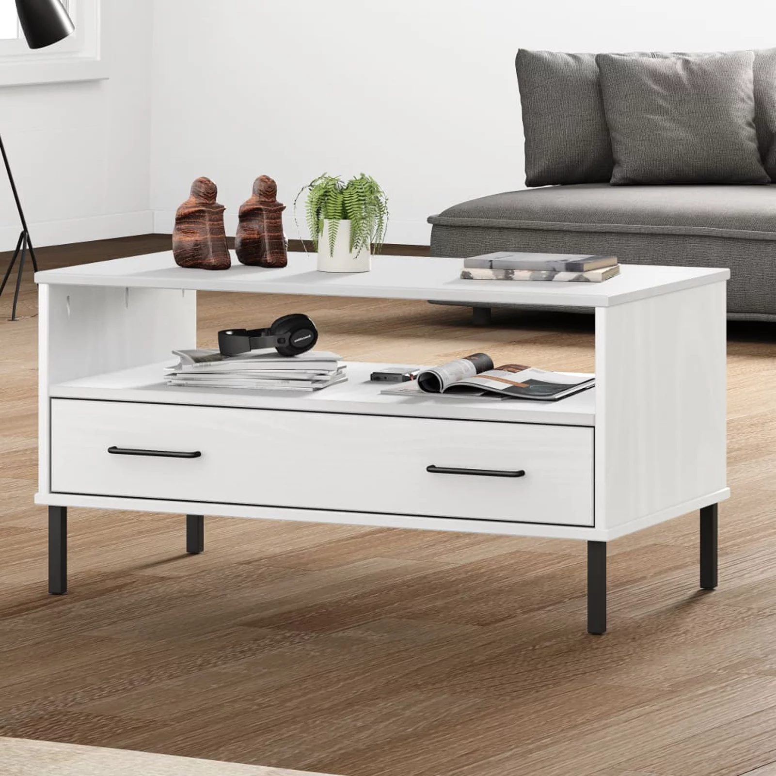 Anself Coffee Table with Open Compartment and Storage Drawer, Metal Legs Sofa End Table, Pine Wood Side Table for Living Room Home Furniture 33.5 x 19.7 x 17.7 Inches (W x D x H)