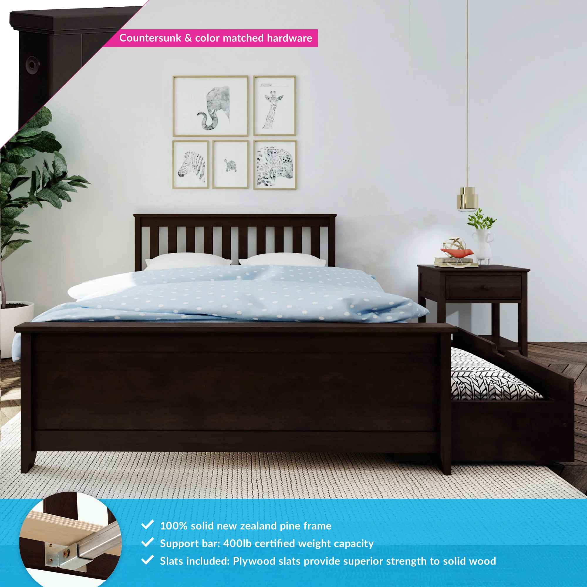 Max & Lily Full Size Bed Frame with Storage Drawers, Solid Wood Platform Bed for Kids, Espresso