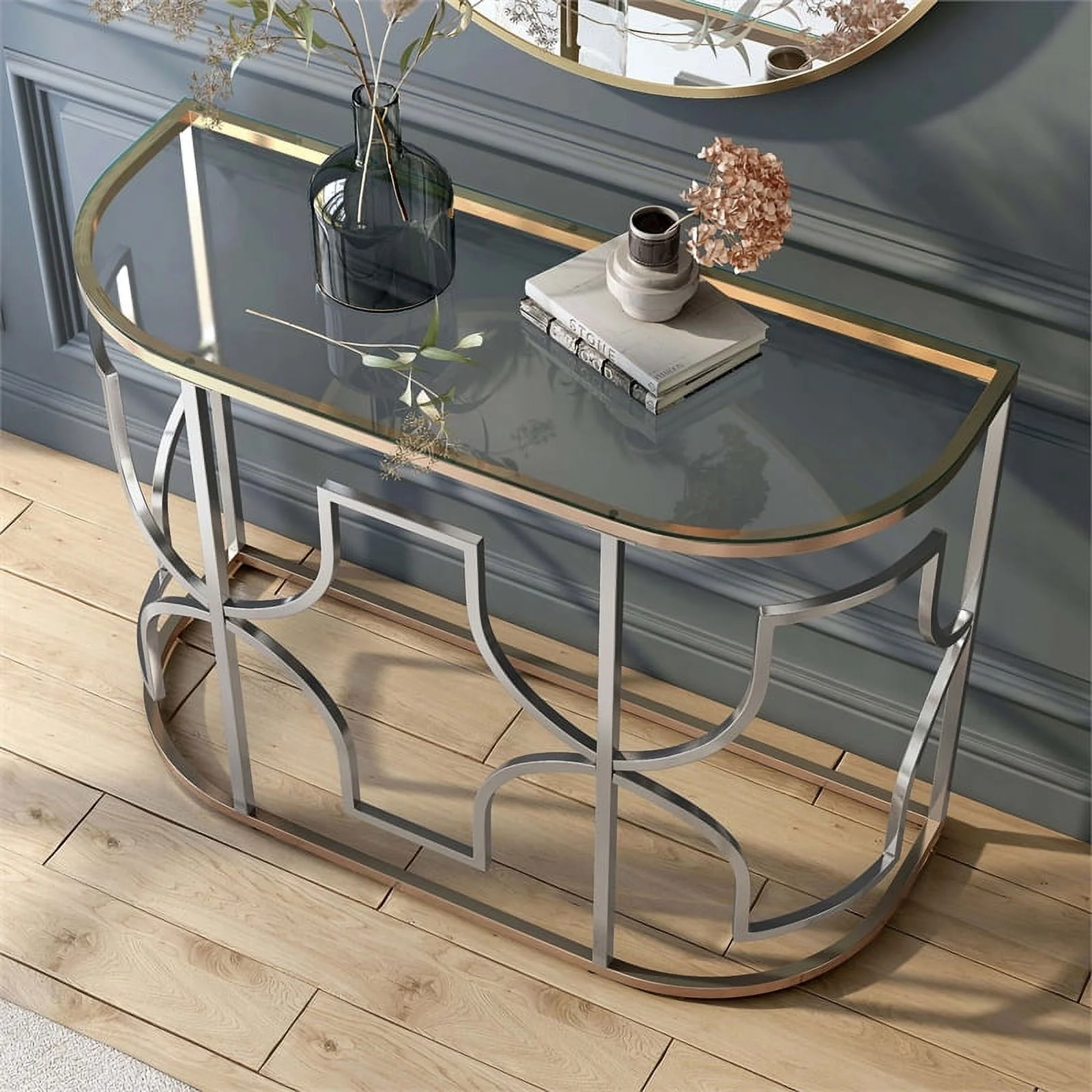 Furniture of America Sol Glam Glass Top Sofa Table in Chrome and Gold