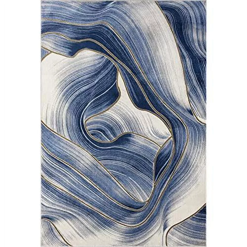 Blue & Ivory Metallic Contemporary Ribbon 4' X 6' Area Rug, Rugs Swirl Design Neutral Non-Shed Bedroom Rug