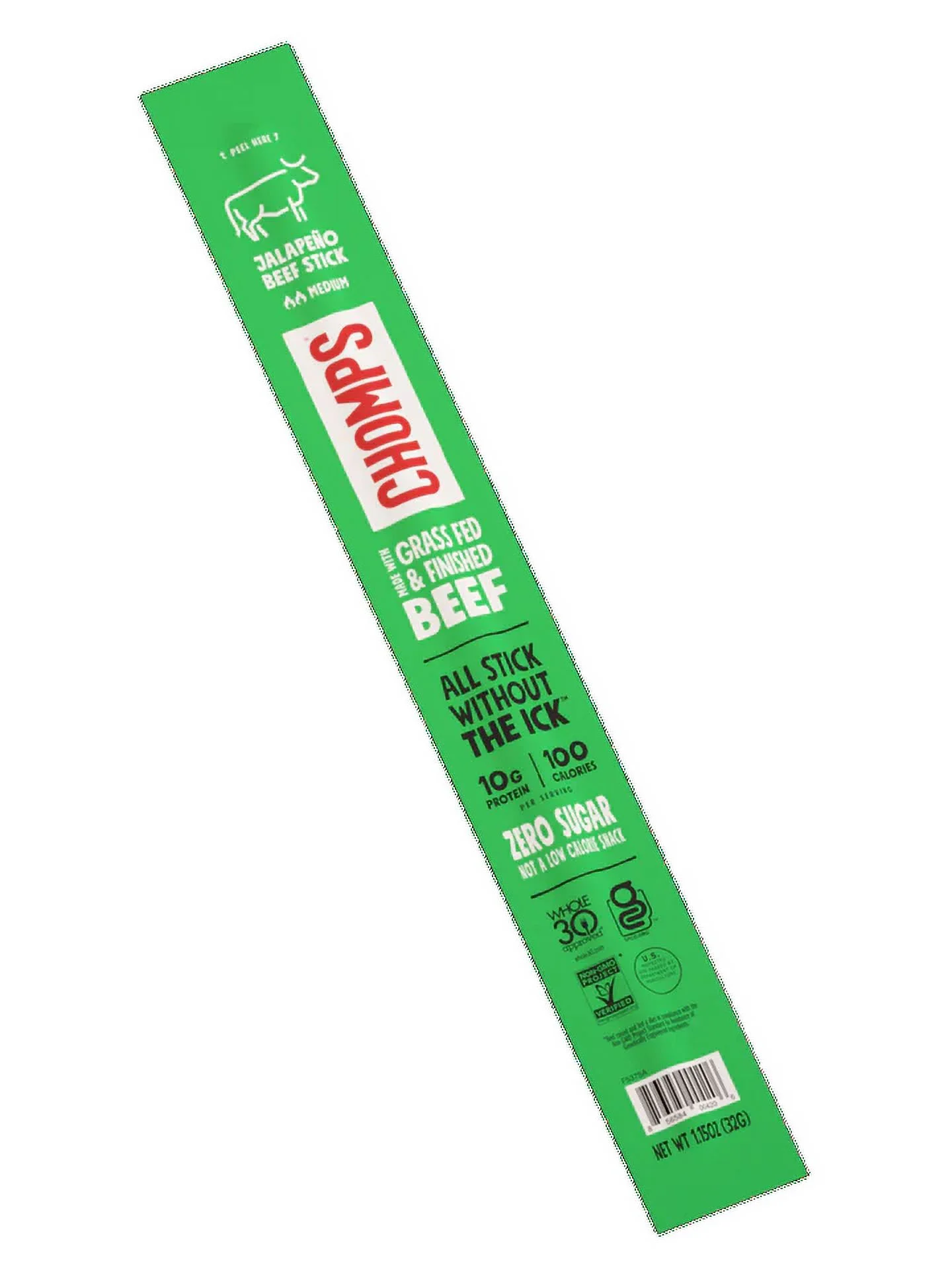 Chomps Grass Fed Beef Jerky Sticks, Jalapeno Beef, High Protein, Gluten Free, Sugar Free, Whole 30 Approved, 24ct 1.15oz