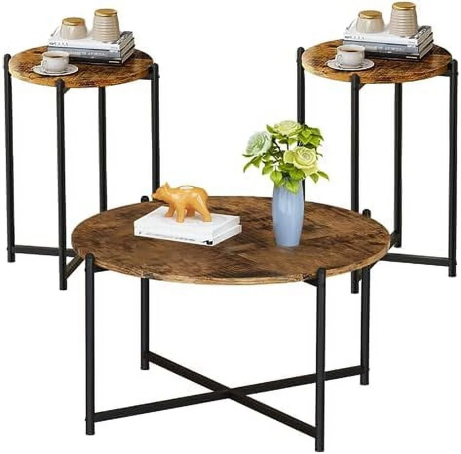 MQLIFEBOOM Coffee Table Set of 3  Faux Marble Coffee Table & 2pcs End Table with Metal Frame Sofa Side Tables for Living Room  Office  Apartment