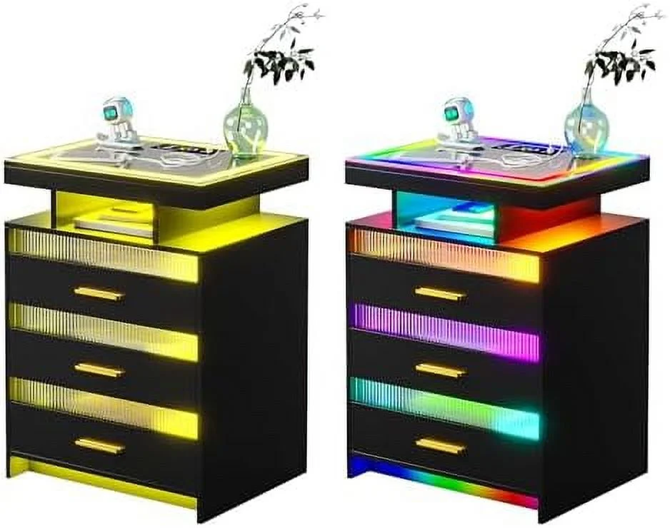xrboomlife LED Nightstand  with USB/Type-C/Wireless Charging Station  Smart Night Stand with Auto 24-Colors RGB LED Light  Bedside Table with 3 Drawers for Bedroom  (Black  2PCS)