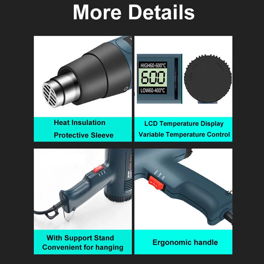JLLOM 2000W Heat Gun Electric Hot Air Gun With Dual Temperature LCD Display 4 Nozzles
