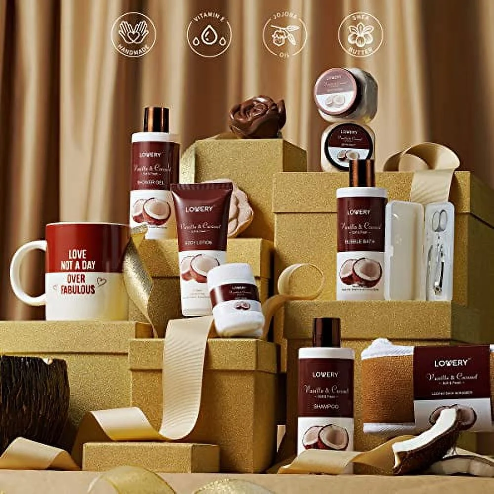 Valentines Mens Gifts, Coconut Bath Gift Set & Shower Gift Basket, Gifts for Dad, 20pc Spa Kit for Men. Personal Self Care Kit, Dad Birthday Gift,  Office Gifts with Mug, Bath Bomb, Lotion & More