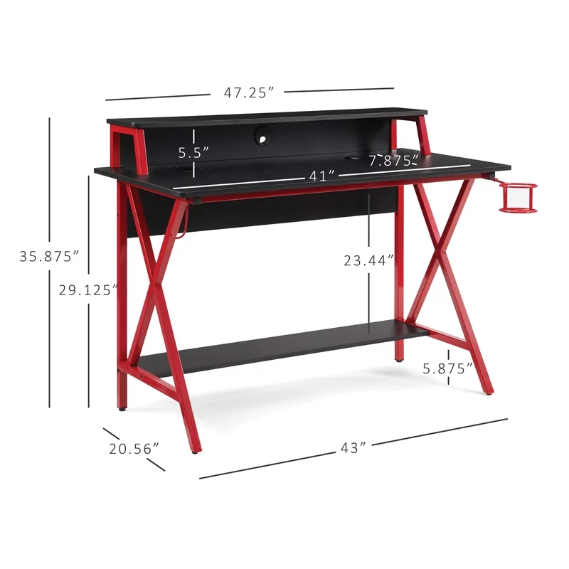 Linon Grayson LED Metal and Wood Gaming Desk in Black and Red
