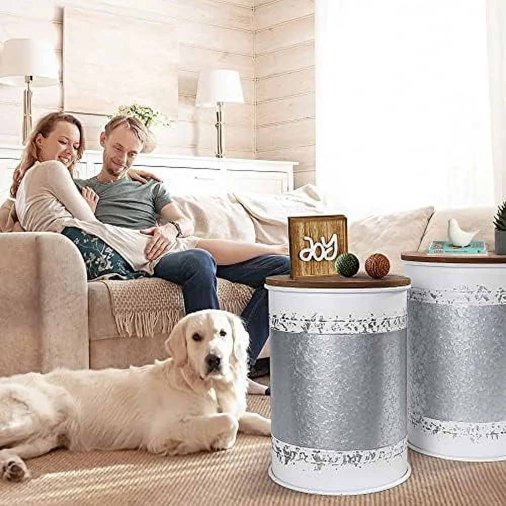 CHBGFV Farmhouse    Rustic  Ottoman Seat Stool  Galvanized Antique Metal End  Box Bin with Round Wood Lid  Coffee or Cocktail   Nesting Pieces Two (Black)