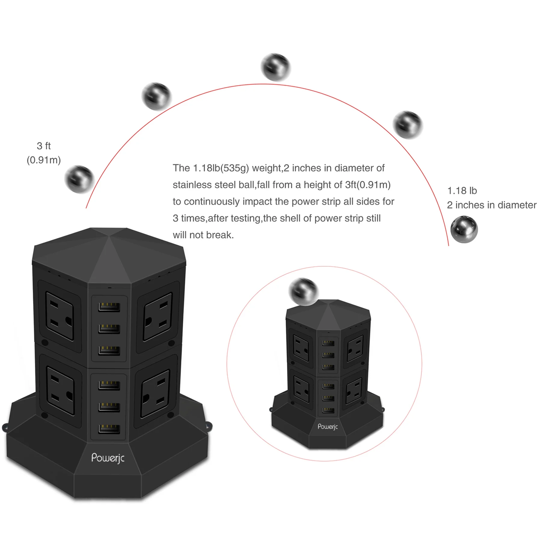 Powerjc Power Strip USB Surge Protector Tower 8 AC Outlets with 6 USB Ports Chargers 118 Inch Long Extension Cord Indoor White