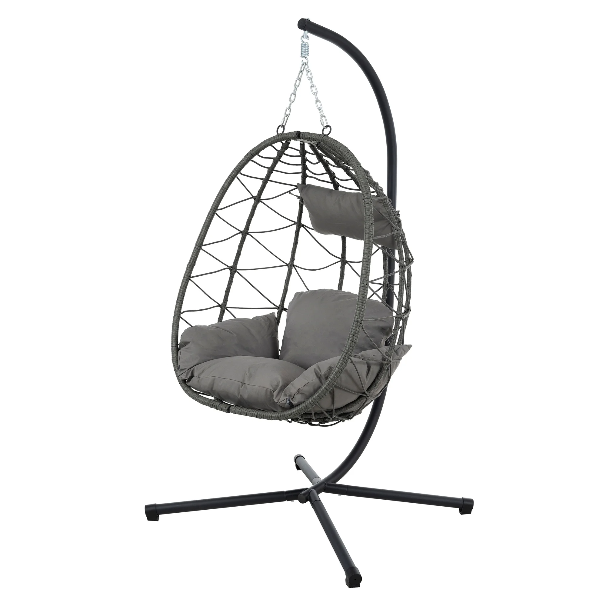 Patio Wicker Hanging Egg Chair with Stand - Brown Wicker, Grey Cushion