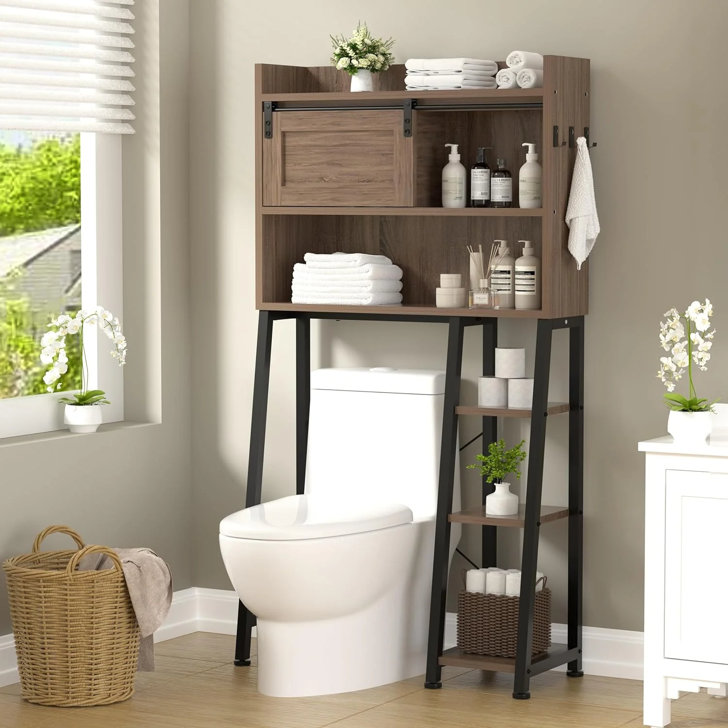 Over The Toilet Storage Cabinet with Toilet Paper Holder Stand, 6-Tier Freestanding Bathroom Behind Toilet Storage Cabinet with 3 Side Hooks and Sliding Barn Doors (Ironwood, Rustic Brown)