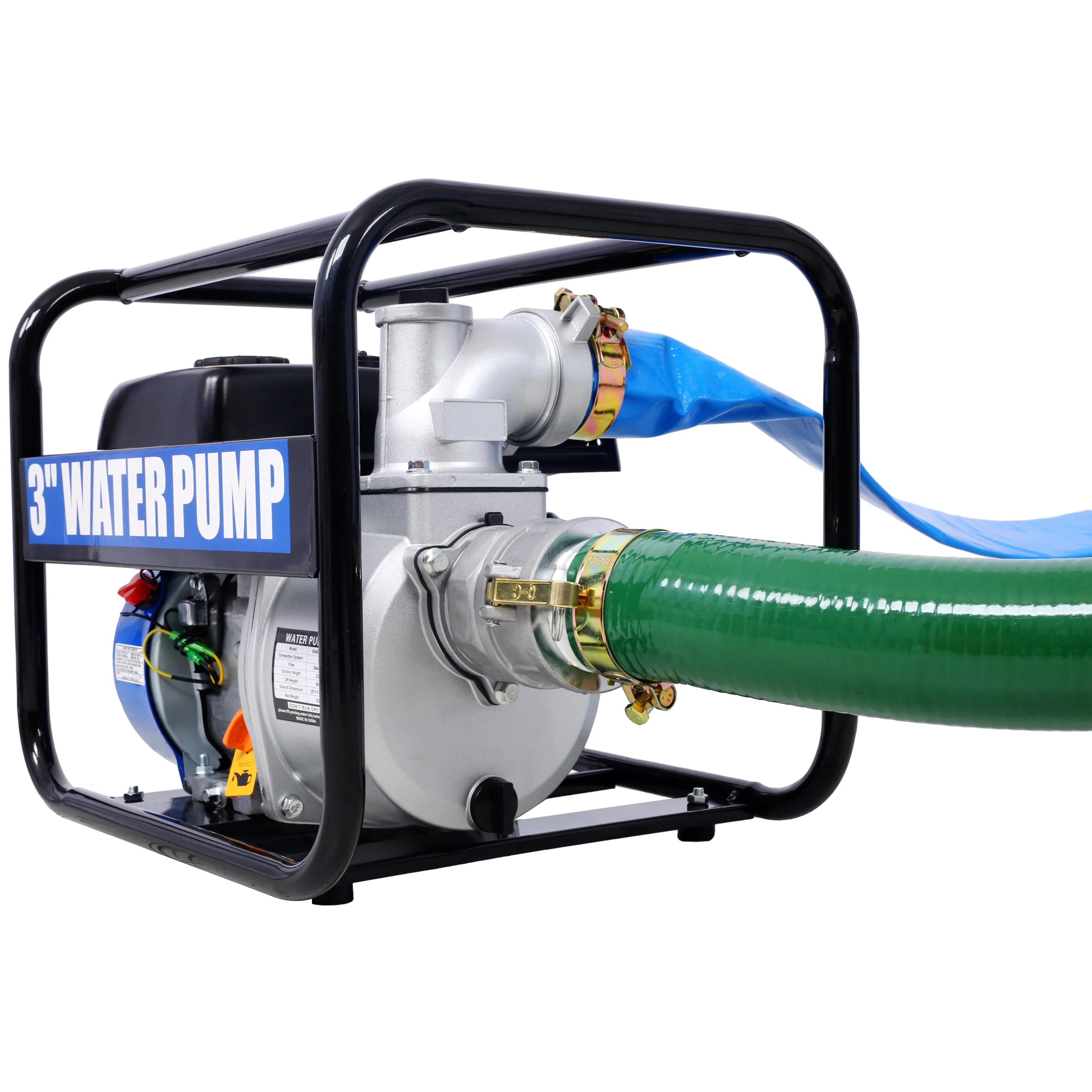 Semi Trash Pump 3 inch, 209cc 7HP 4 stroke OHV ENGINE, Gas Powered Full Trash Water Pump with Handle and Wheels, 50 ft Discharge Hose, 12 ft Suction Hose with Complete Fittings,EPA compliant