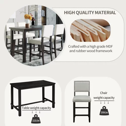 Wulawindy 5-Piece Counter Height Dining Set, Classic Elegant Table and 4 Chairs in Black and Beige