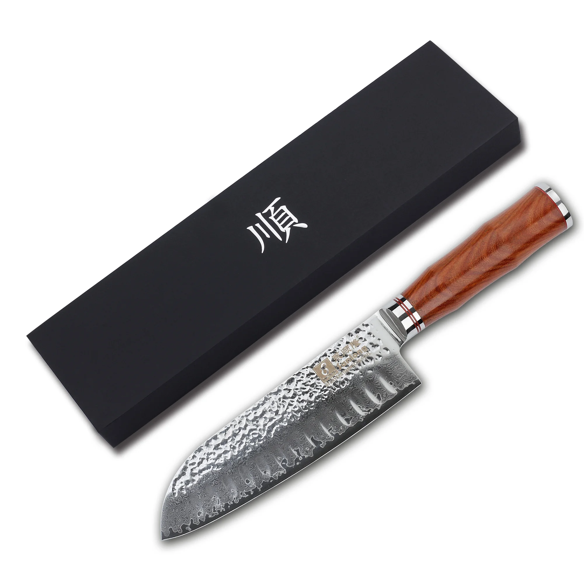 SUNLONG Santoku Knives 7 inch - Chef Knife Japanese Hammered Damascus Steel Natural Bloodwood Handle
