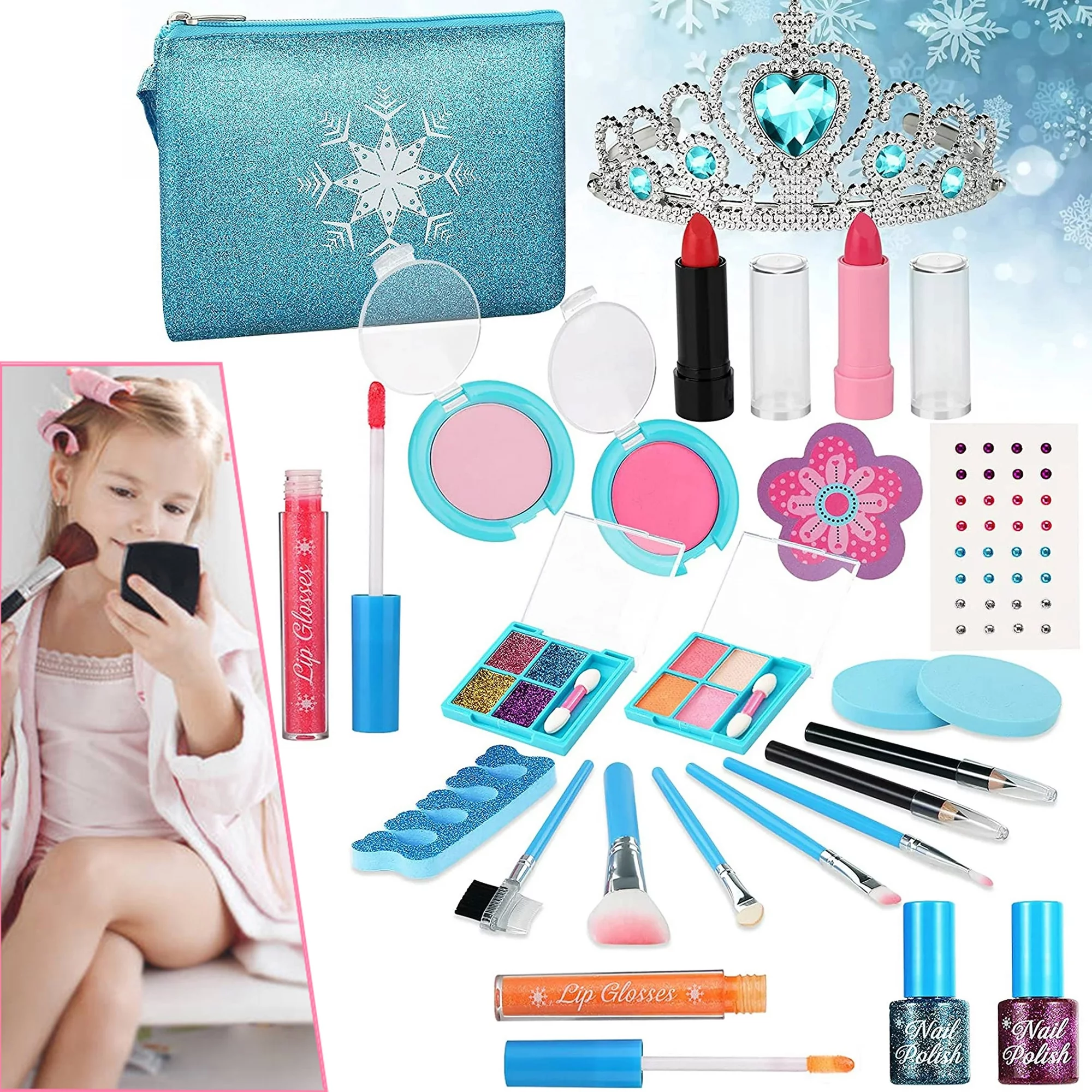 RUseeN Kids Makeup Kit for Girls, 24 Pcs Princess Real Washable Cosmetic Toy with Bag, Girl Birthday Gifts, Pretend Play Toys for Girls 3-12 Years Old Girls Gift- Non Toxic