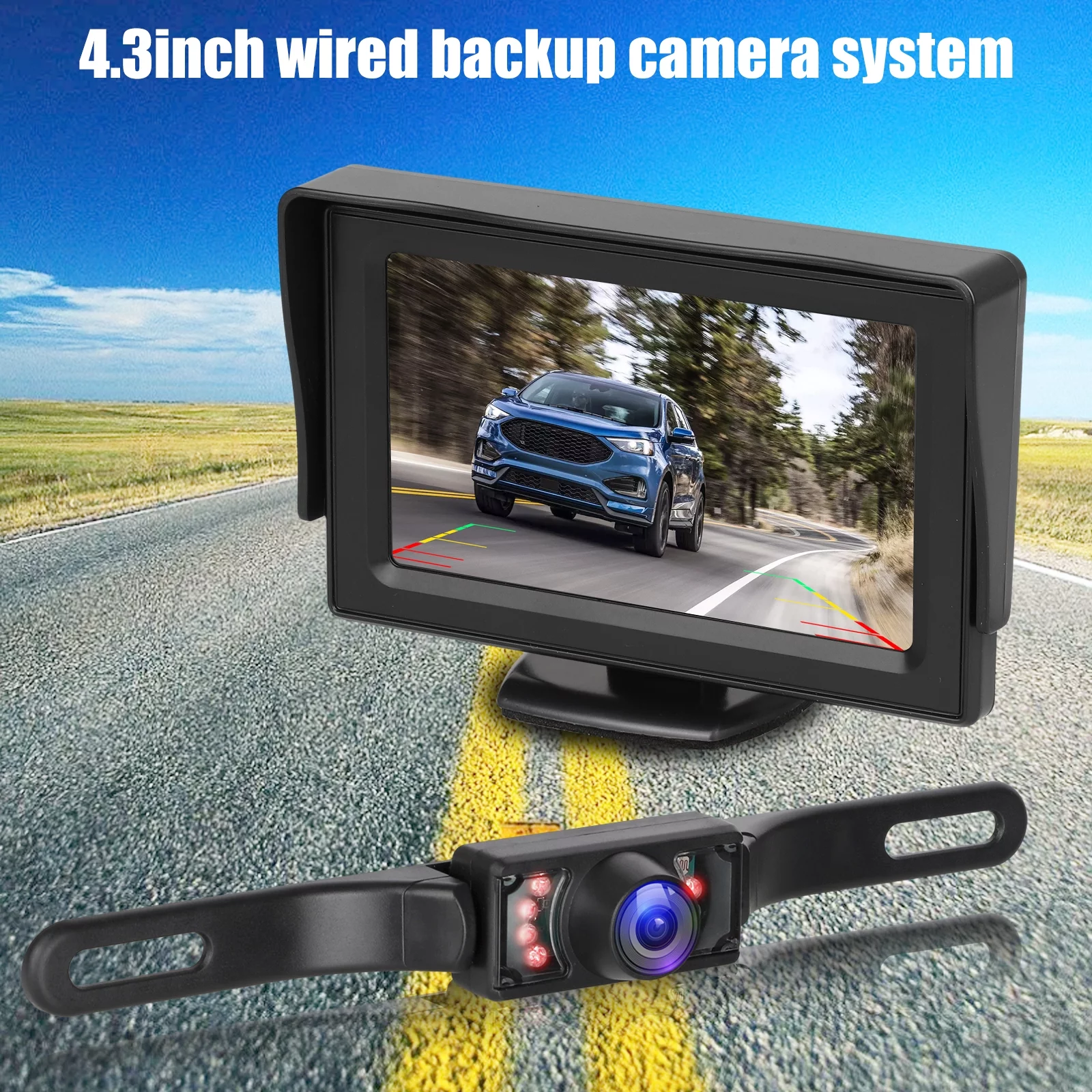 TSV Backup Camera Monitor Kit for Car, Universal License Plate Waterproof Night Vision HD Reverse Camera, 4.3