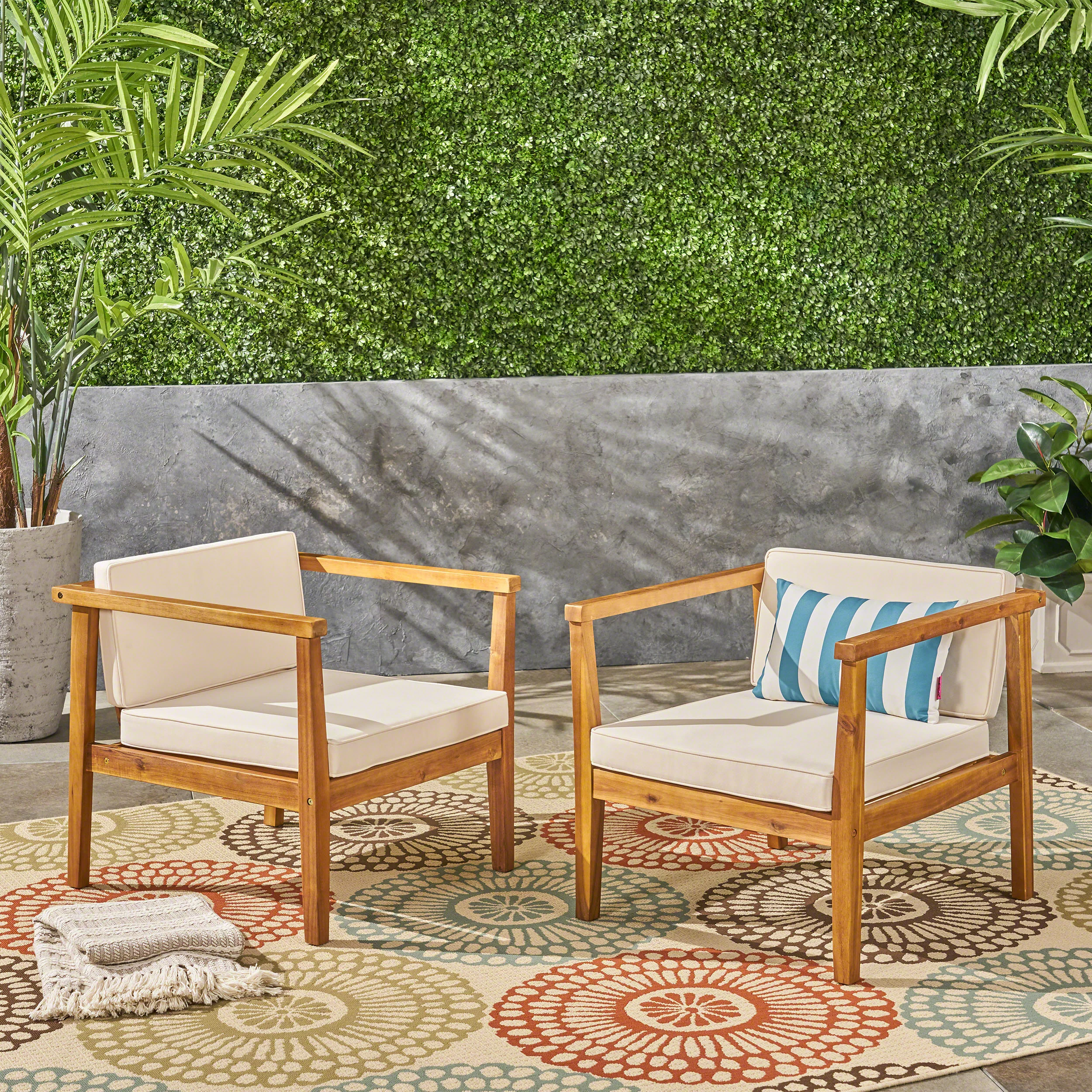 Noble House Newbury Outdoor Acacia Wood Club Chair in Beige (Set of 2)