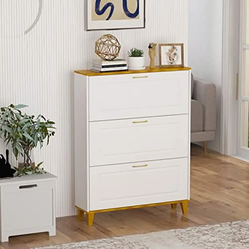 TJUNBOLIFE Modern Shoe Cabinet with 3 Flip Drawers & 1 Door  Wood 3-Tier Shoe Rack  Organizer with Legs for Entryway  Hallway  White (47.2\u201DW x 9.5\u201DD x 49.4\u201DH)